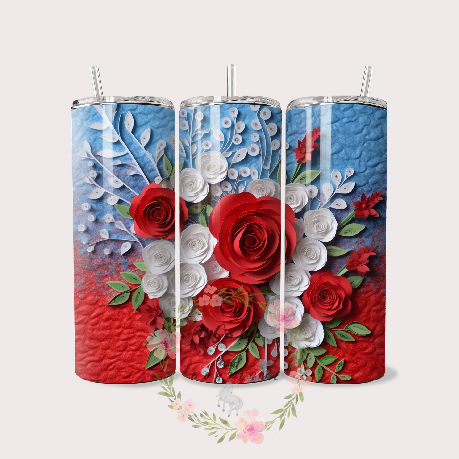 3D Flowered Sublimation Tumbler with Blue Background and Red and White Quill Flowers