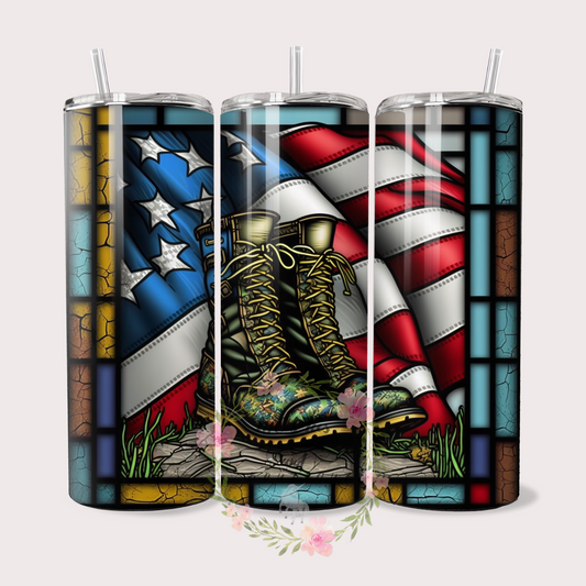 American Flag and Boots Sublimation Tumbler with Stained Glass Effect