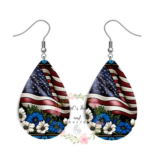 American Flag and Flowers Teardrop Shaped Sublimation Earrings