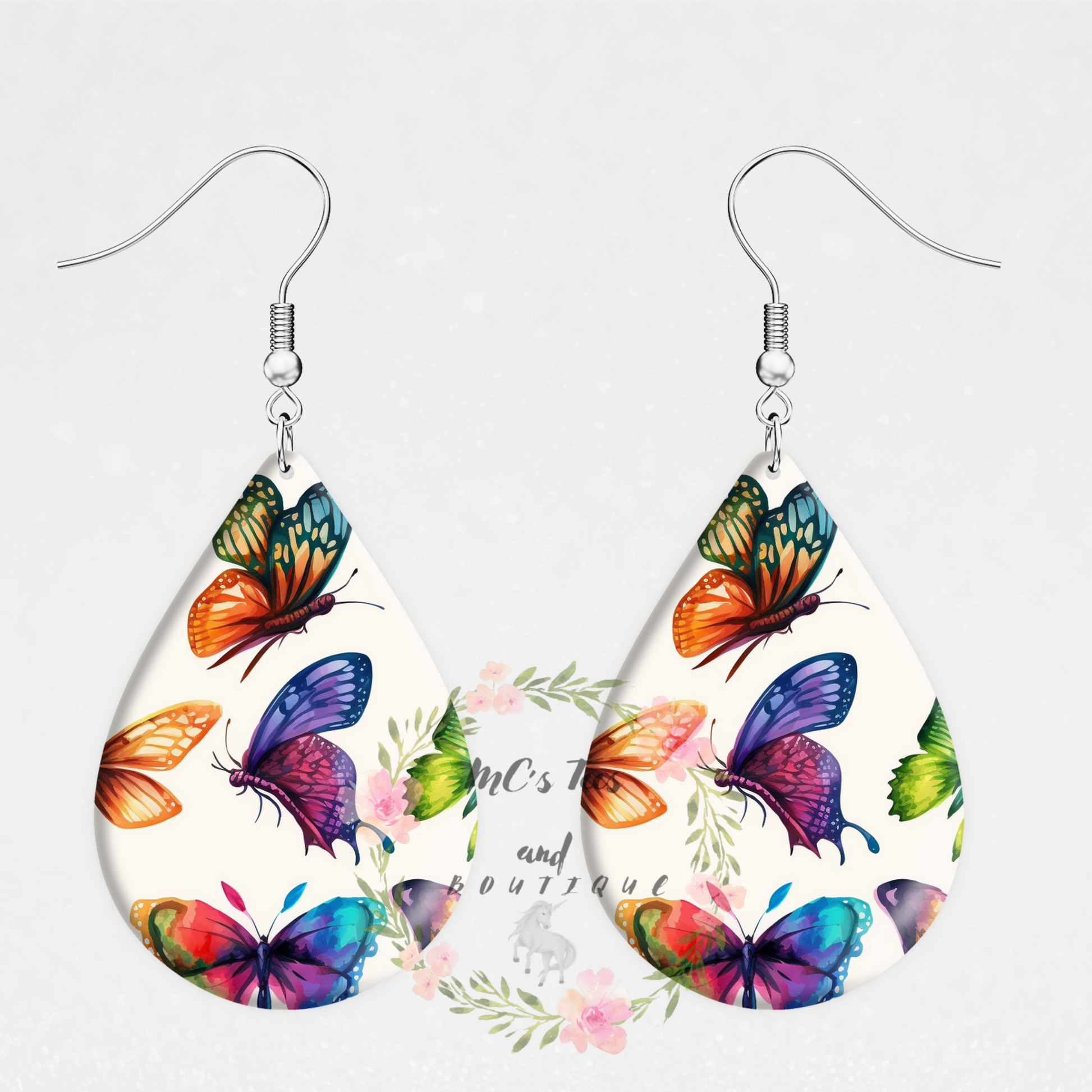 Butterflies on White Background Sublimation Teardrop Earrings