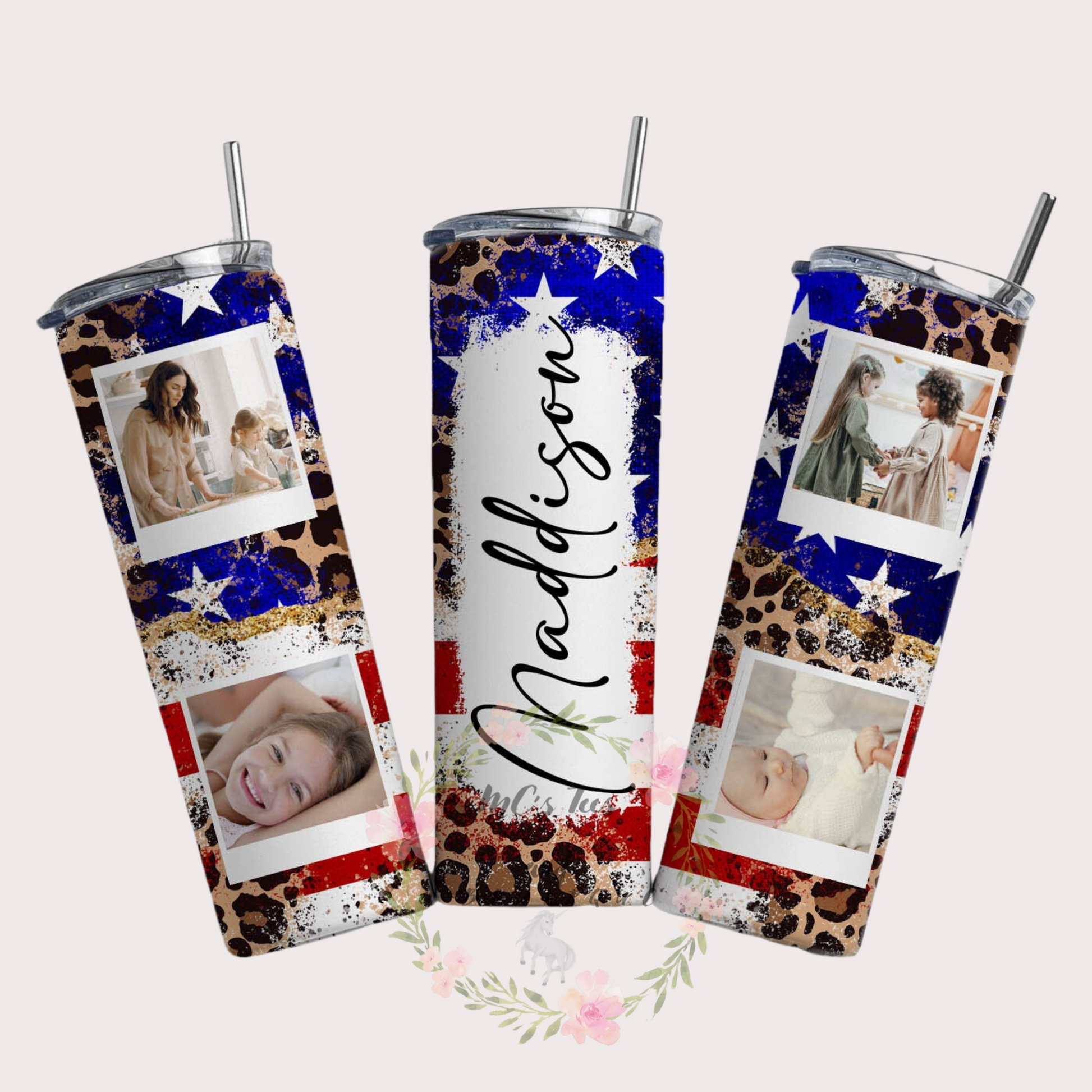 Personalized Polaroid Sublimation Tumbler with Stars, Stripes and Cheeta Print Background