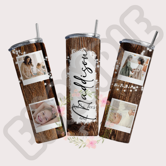 Personalized Polaroid Sublimation Tumbler with Tree Bark Background