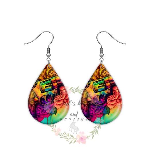 Revolver and Flowers Sublimation Teardrop Shaped Earrings