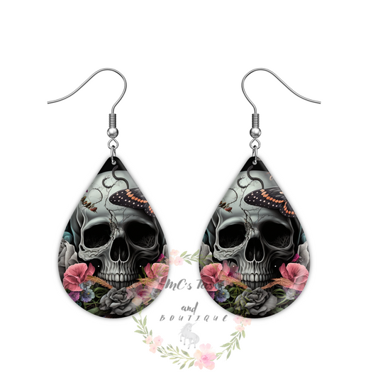 Skull And Flowers Teardrop Shaped Earrings