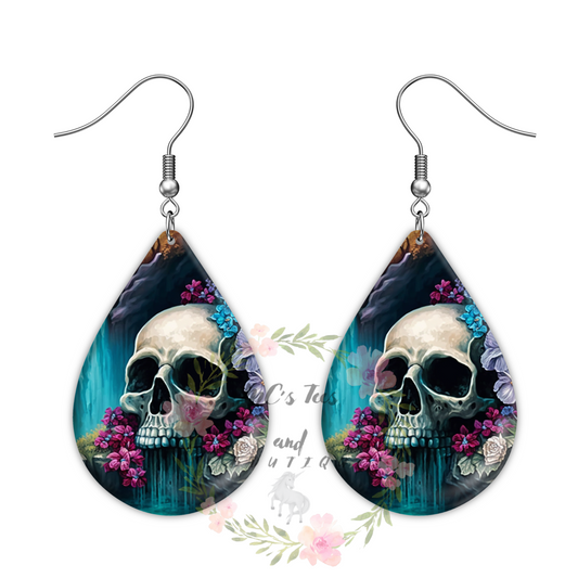 Waterfall, Flowers and Skull Teardrop Shaped Sublimation Earrings